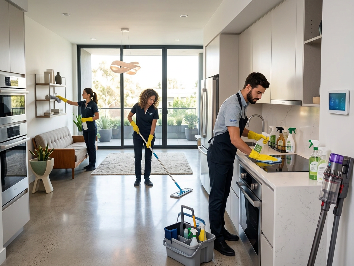 Imagen tres profesionales, dos chicas y un chico limpiando un apartamento con buena visibilidad y luminoso